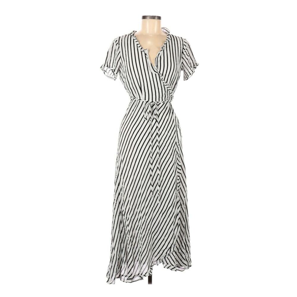 Bardot A-Line Short Sleeve Casual Dress Calf Length Bow & Tie Striped Black SZ 6